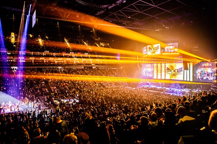 C2C festival stadium crowd with light beams over them