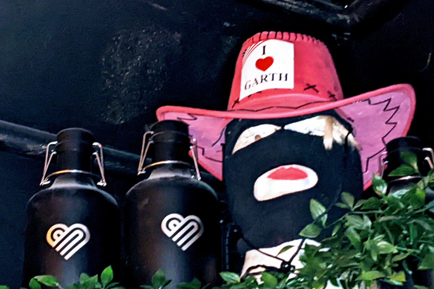mannequin wearing balaclava and pink cowboy hat with I love Garth written on hat.